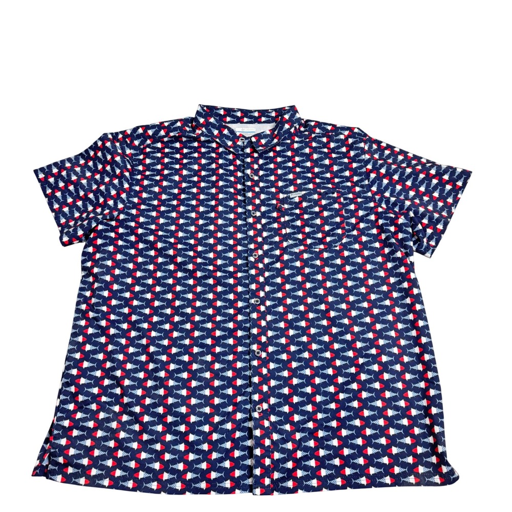 Columbia PFG XXL Americana Fish Print Fishing Shirt Navy Blue Vented Button Up‎